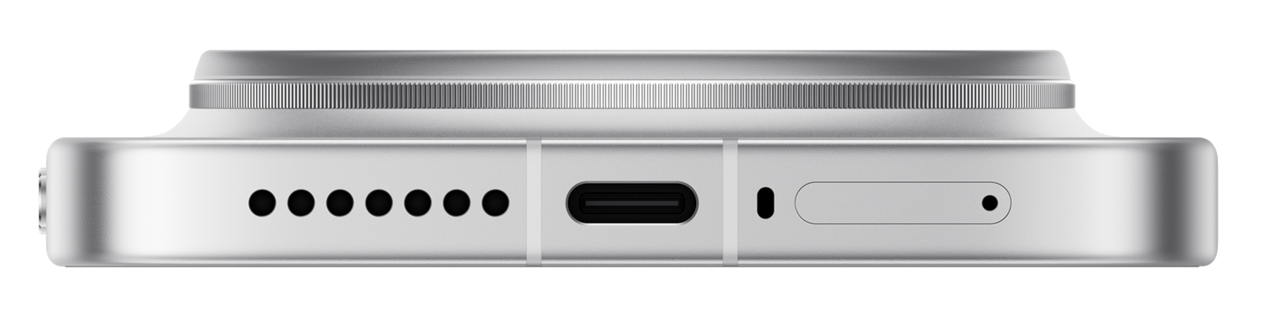 Nahaufnahme eines weißen Smartphones mit USB-C-Anschluss und Lautsprechergrill.