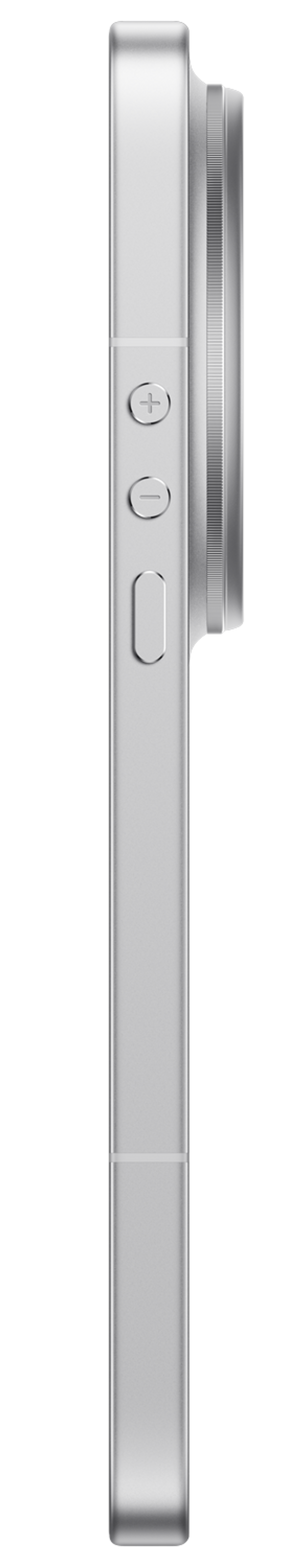 Seite einer silbernen iPhone-Hülle mit Lautstärketasten und Rändel.