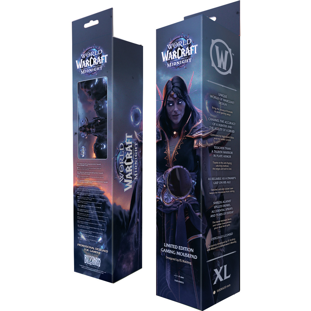 World of Warcraft Midnight Gaming Mousepad-Verpackung mit einem dunklen Elfen-Motiv und detaillierten Produktinformationen.