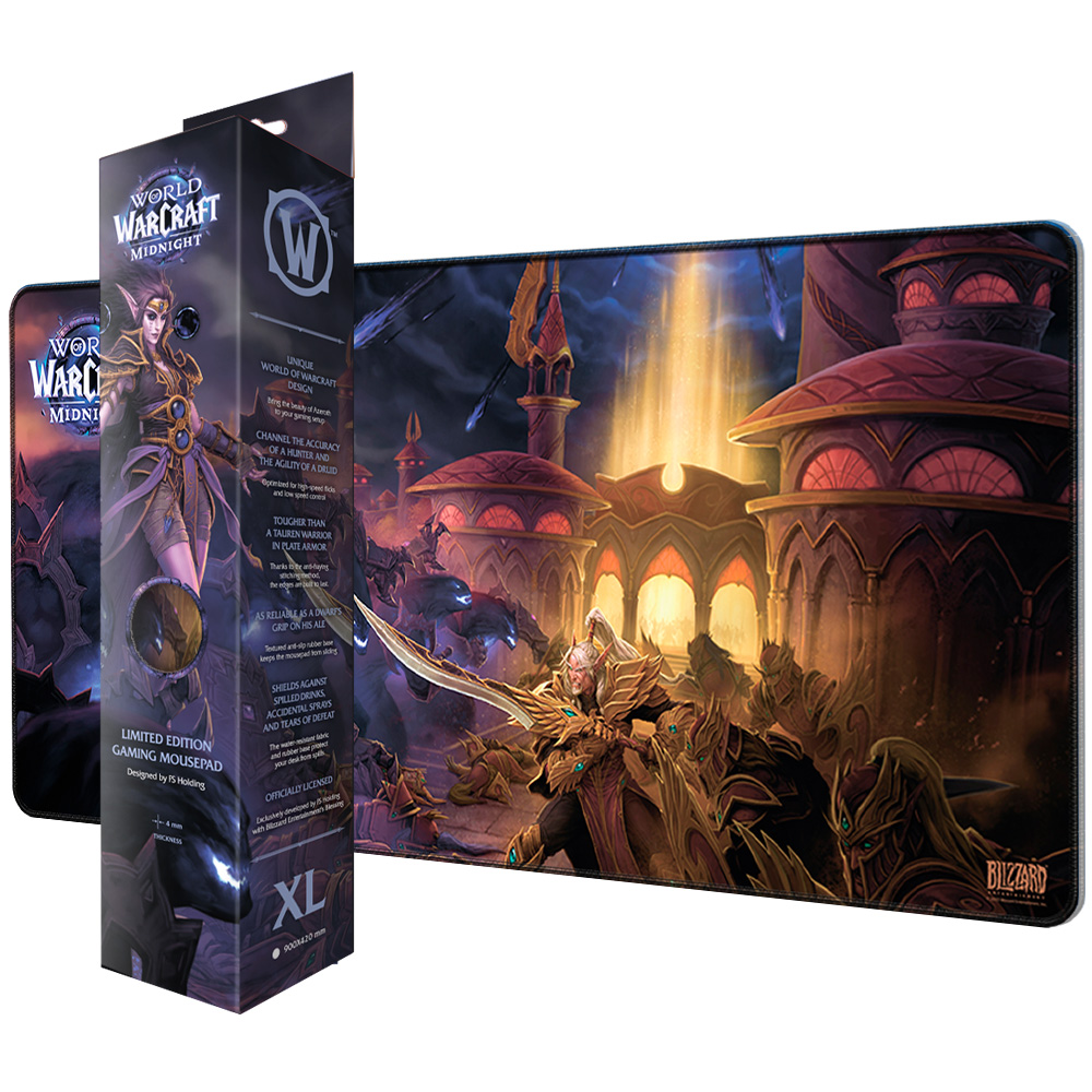 World of Warcraft Mauspad mit Elfenkriegern vor einer Stadt.