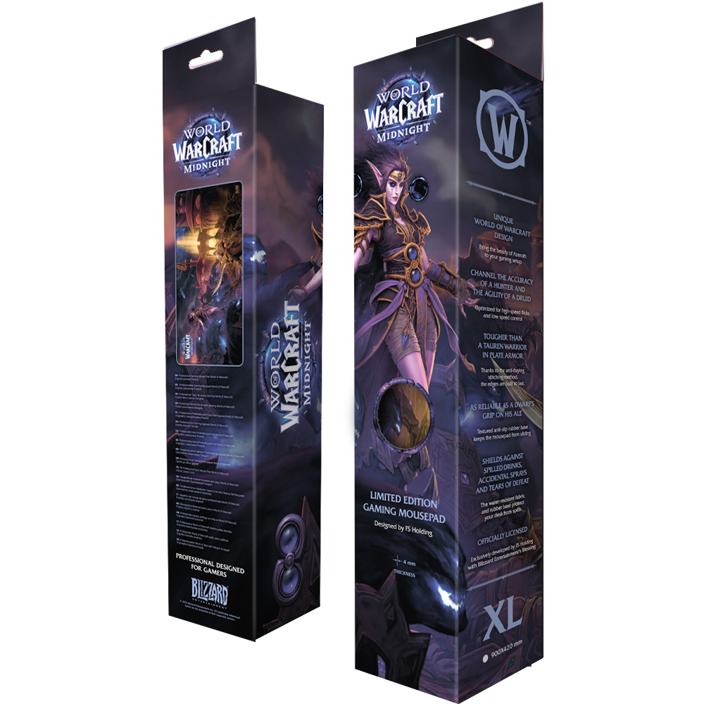 World of Warcraft Midnight Gaming-Mauspad-Verpackung mit Grafik einer weiblichen Elfen-Druidin.