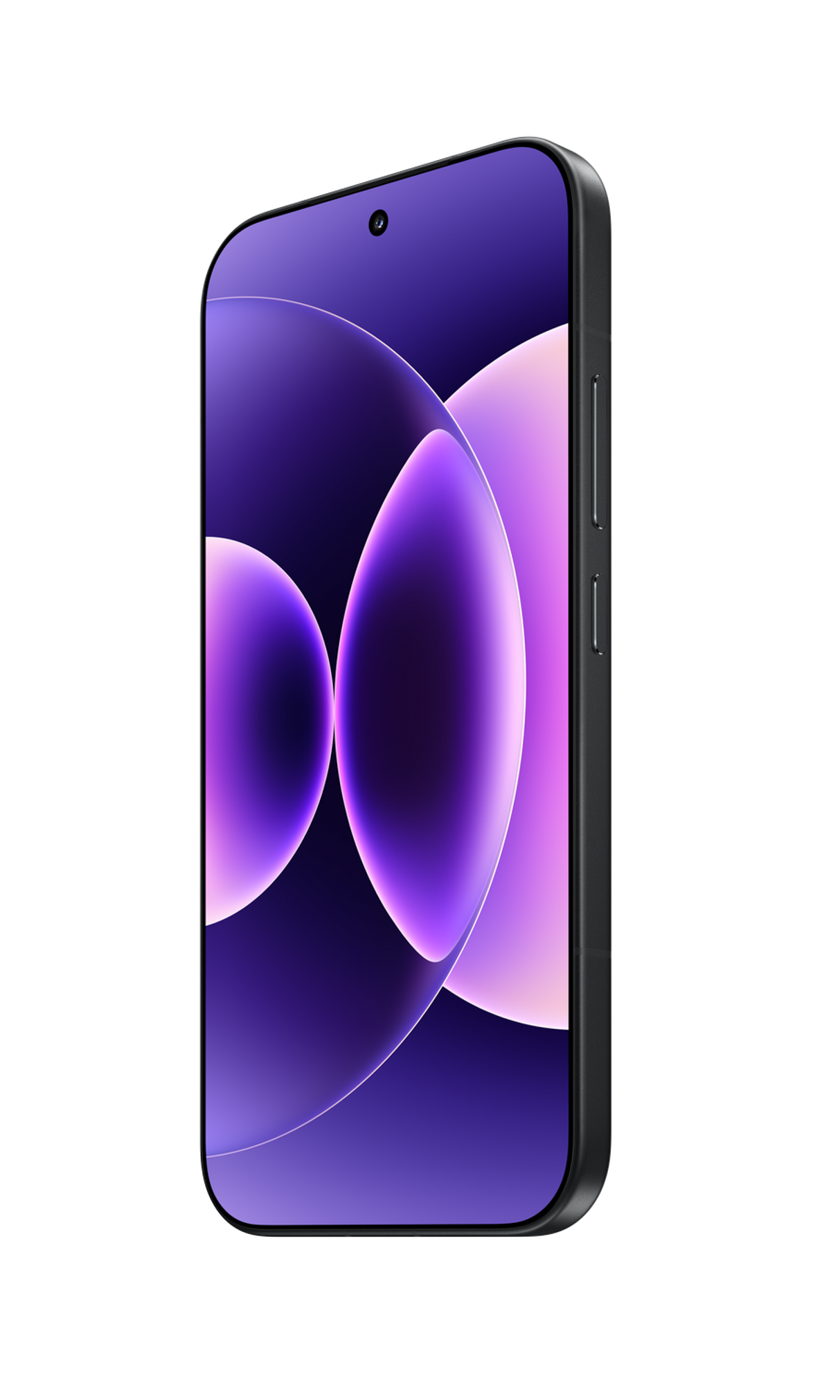 Czarny smartfon z fioletowo-różowym abstrakcyjnym tłem.