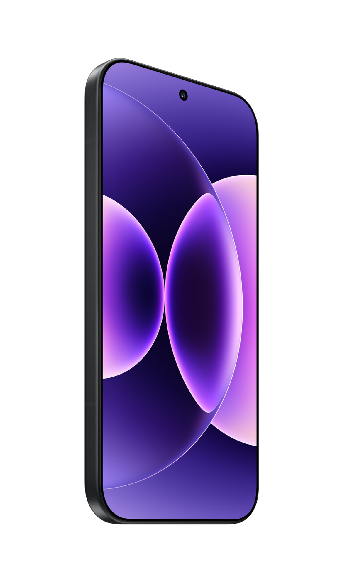 Nowoczesny smartfon z ciemną ramką i fioletową tapetą.