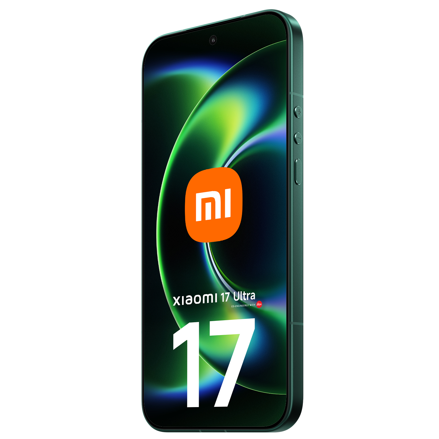 Ciemnozielony smartfon Xiaomi 17 Ultra z pomarańczowym logo Mi.