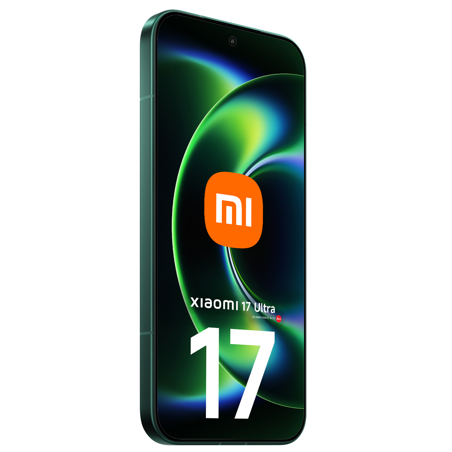 Ciemnozielony smartfon Xiaomi 17 Ultra z pomarańczowym logo Mi.