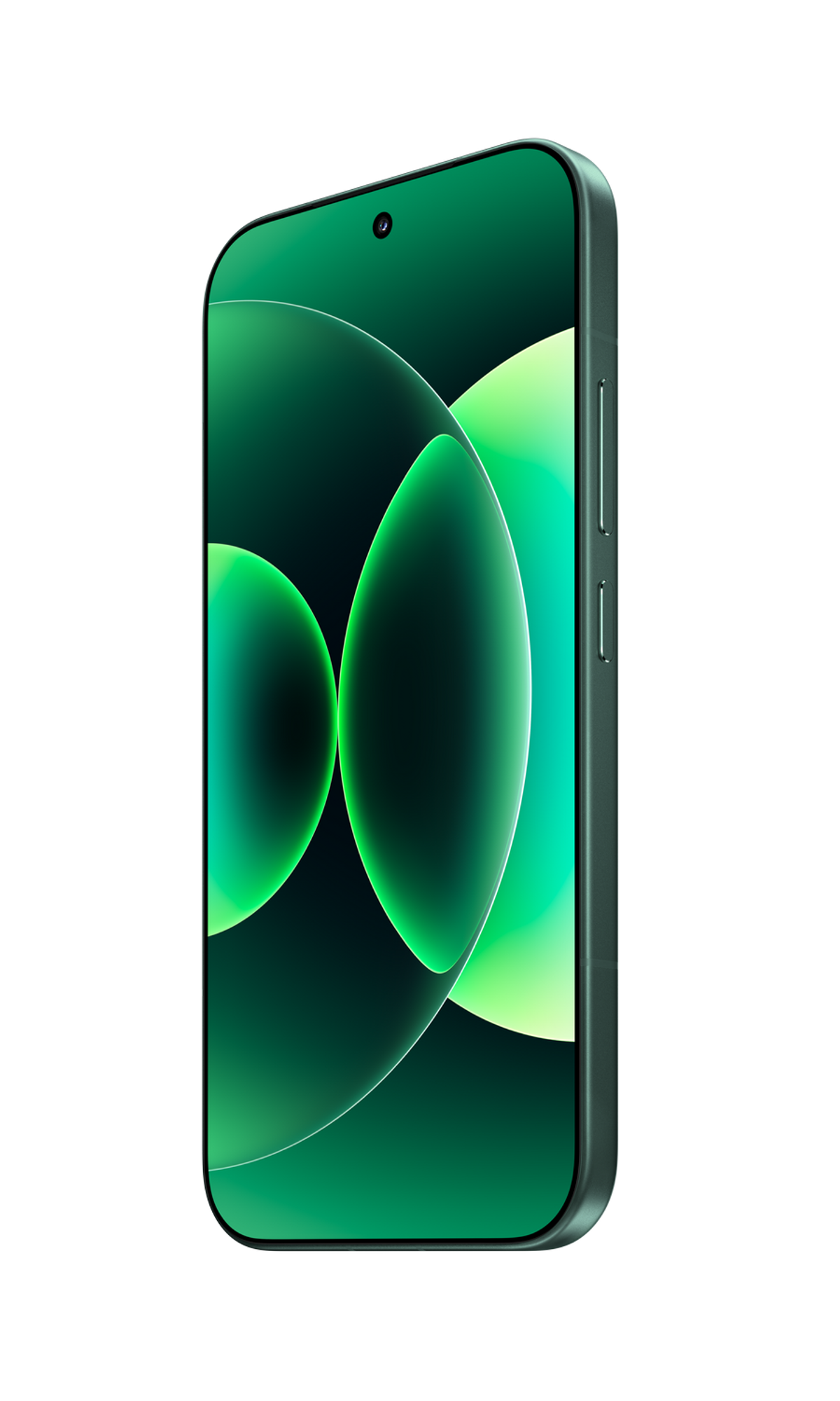 Zielony smartfon z abstrakcyjnym zielonym tłem na ekranie.