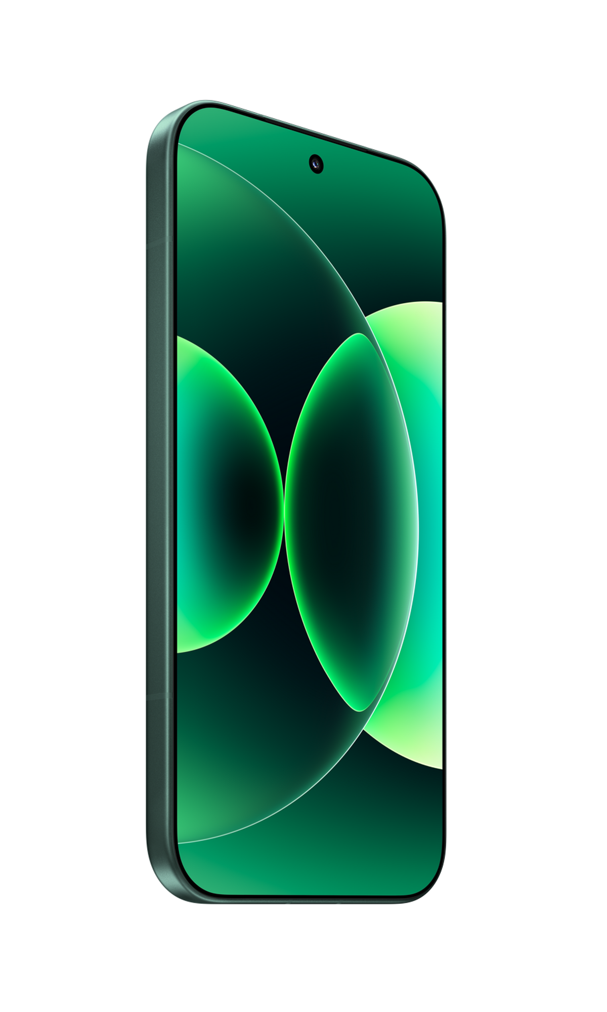 Zielony smartfon z abstrakcyjnym, świecącym tłem.