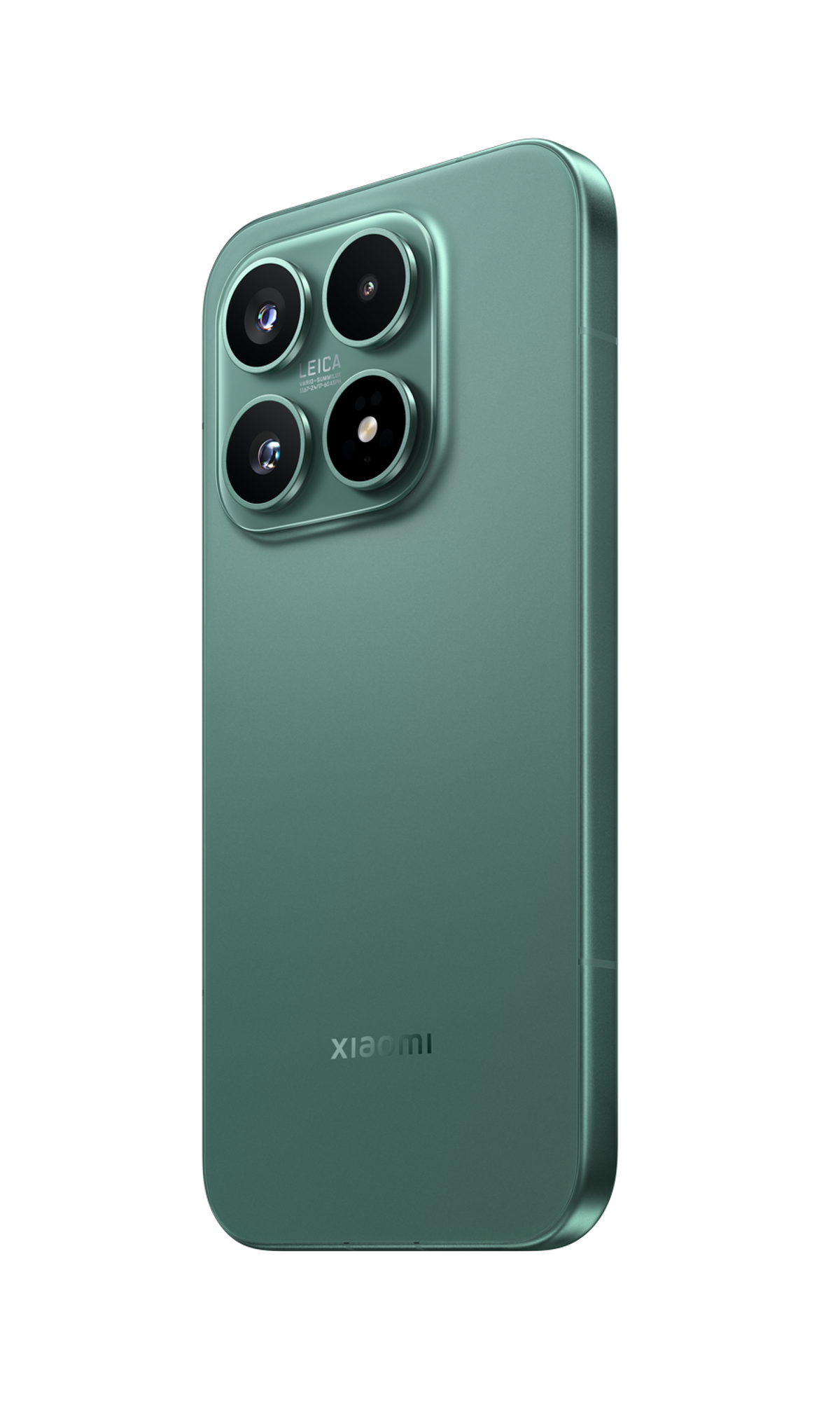 Zielony smartfon z czterema aparatami i logo Leica, logo Xiaomi z tyłu.