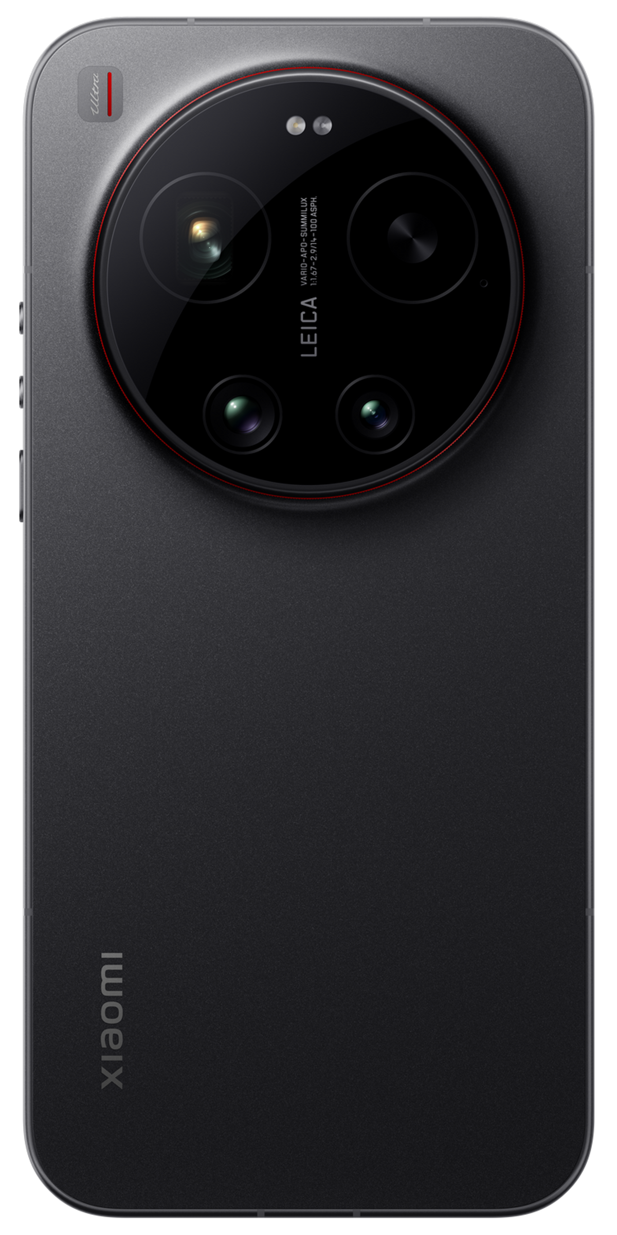 Smartphone grigio scuro con grande modulo fotocamera e marchio Leica.