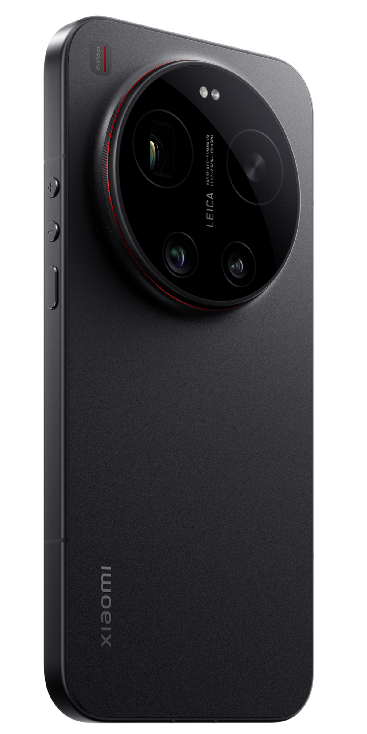 Smartphone nero con fotocamera Leica e anello rosso. Logo Xiaomi in basso.