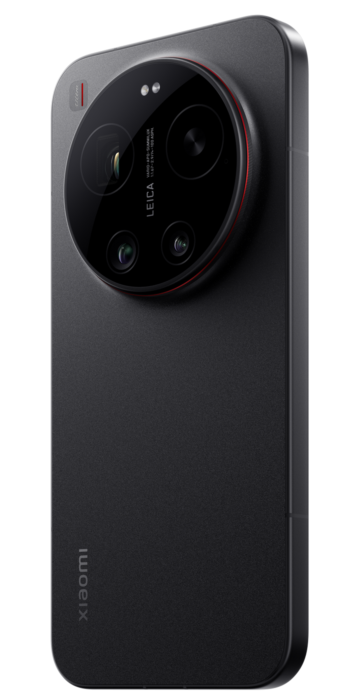 Smartphone grigio scuro con grande modulo fotocamera Leica e accento rosso.