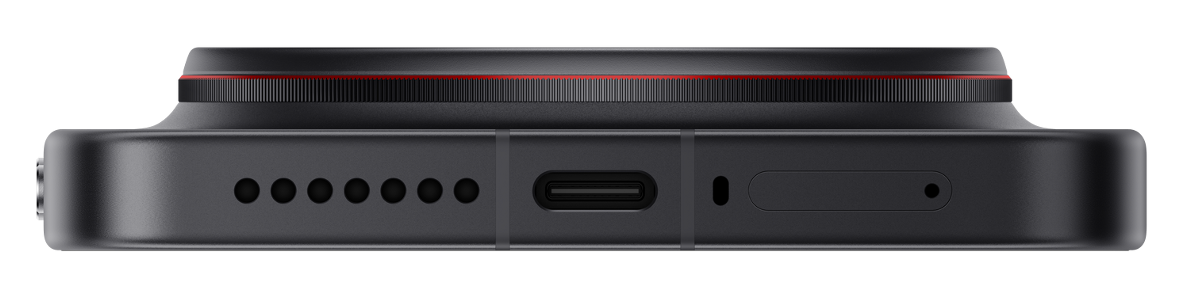 Vista dall'alto di un dispositivo nero con porta USB-C e accenti rossi.