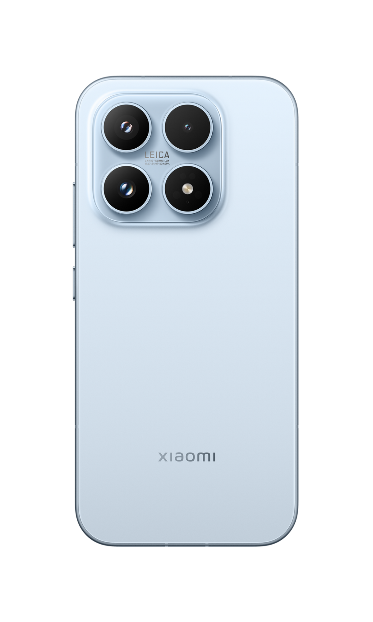 Een lichtblauwe smartphone met een quad-camera aan de achterkant en Leica-logo.