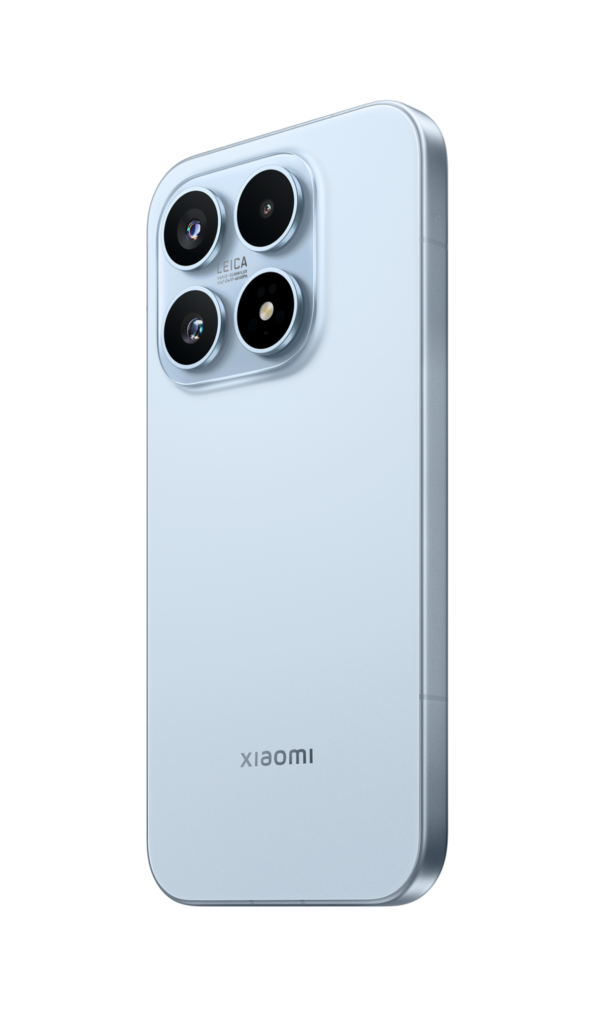 Een lichtblauwe smartphone met vier camera's en Xiaomi-logo.