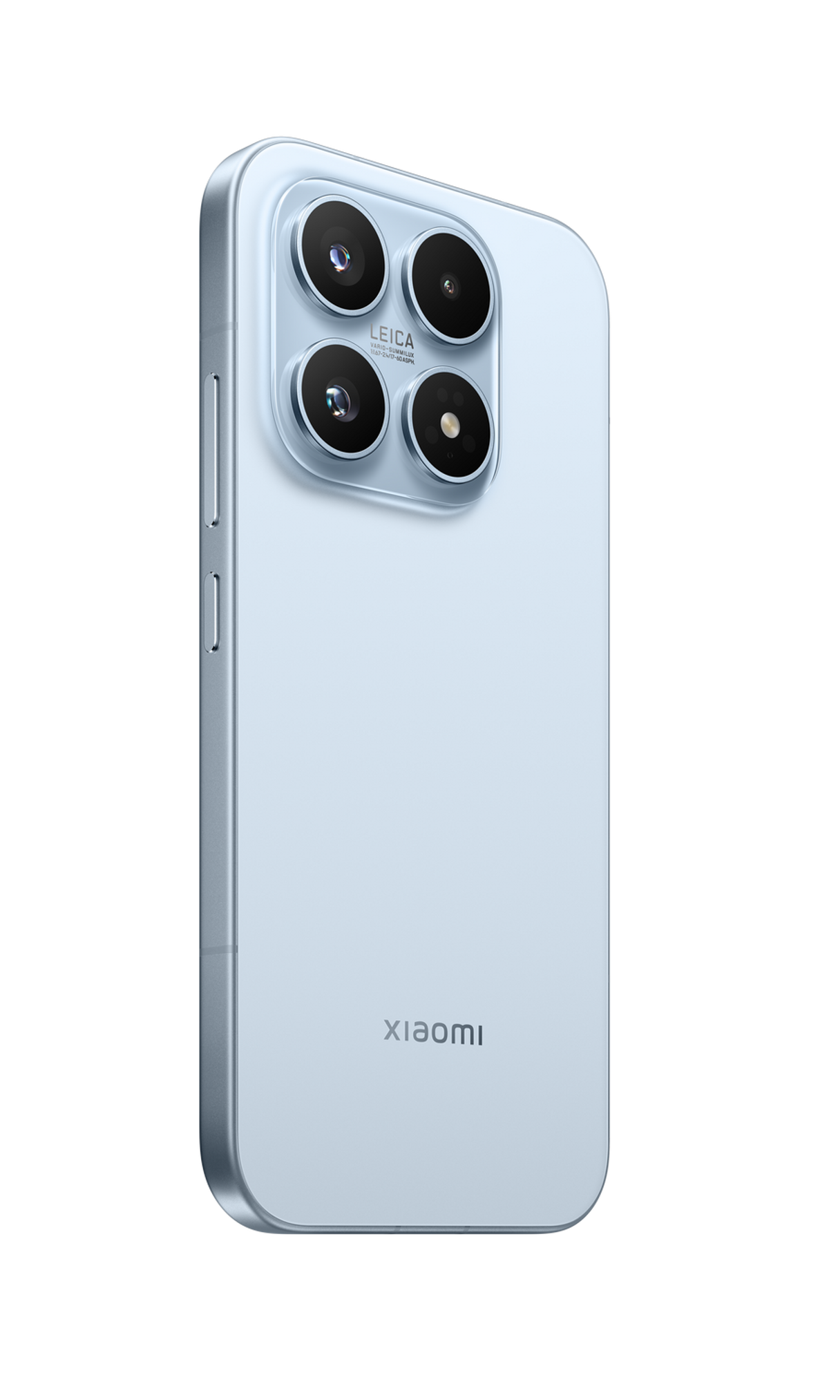 Een lichtblauwe smartphone met Leica-camera en Xiaomi-logo op zwarte achtergrond.
