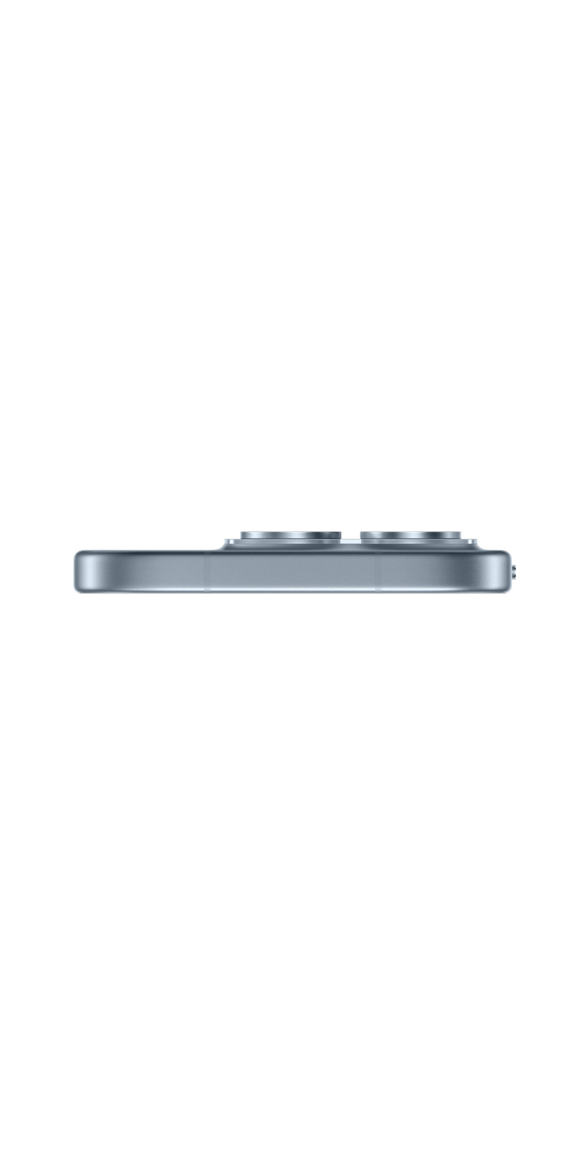 Close-up van de rand van een zilveren smartphone met cameralenzen tegen zwart.