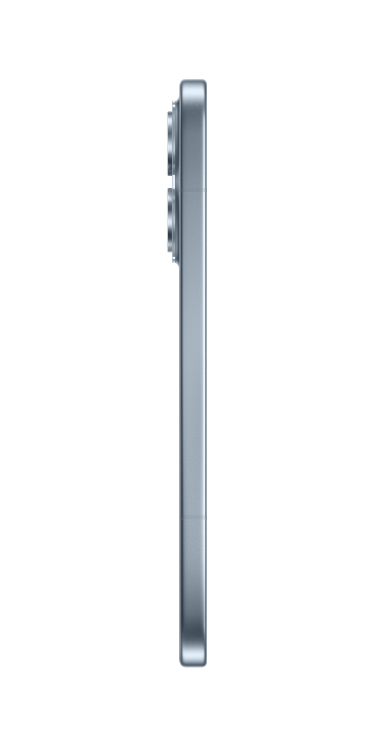 Lichtblauwe smartphone achterkant, profiel, drie camera's.