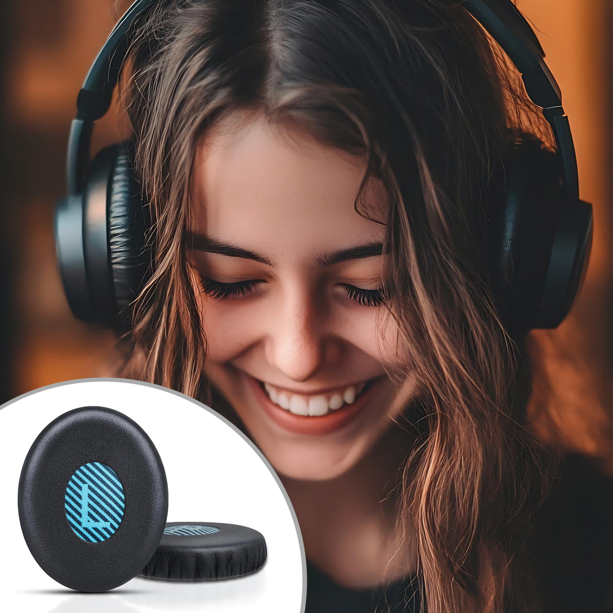 Młoda kobieta w słuchawkach, uśmiechnięta. Obok niej dwie czarne poduszki na uszy z wzorem.
