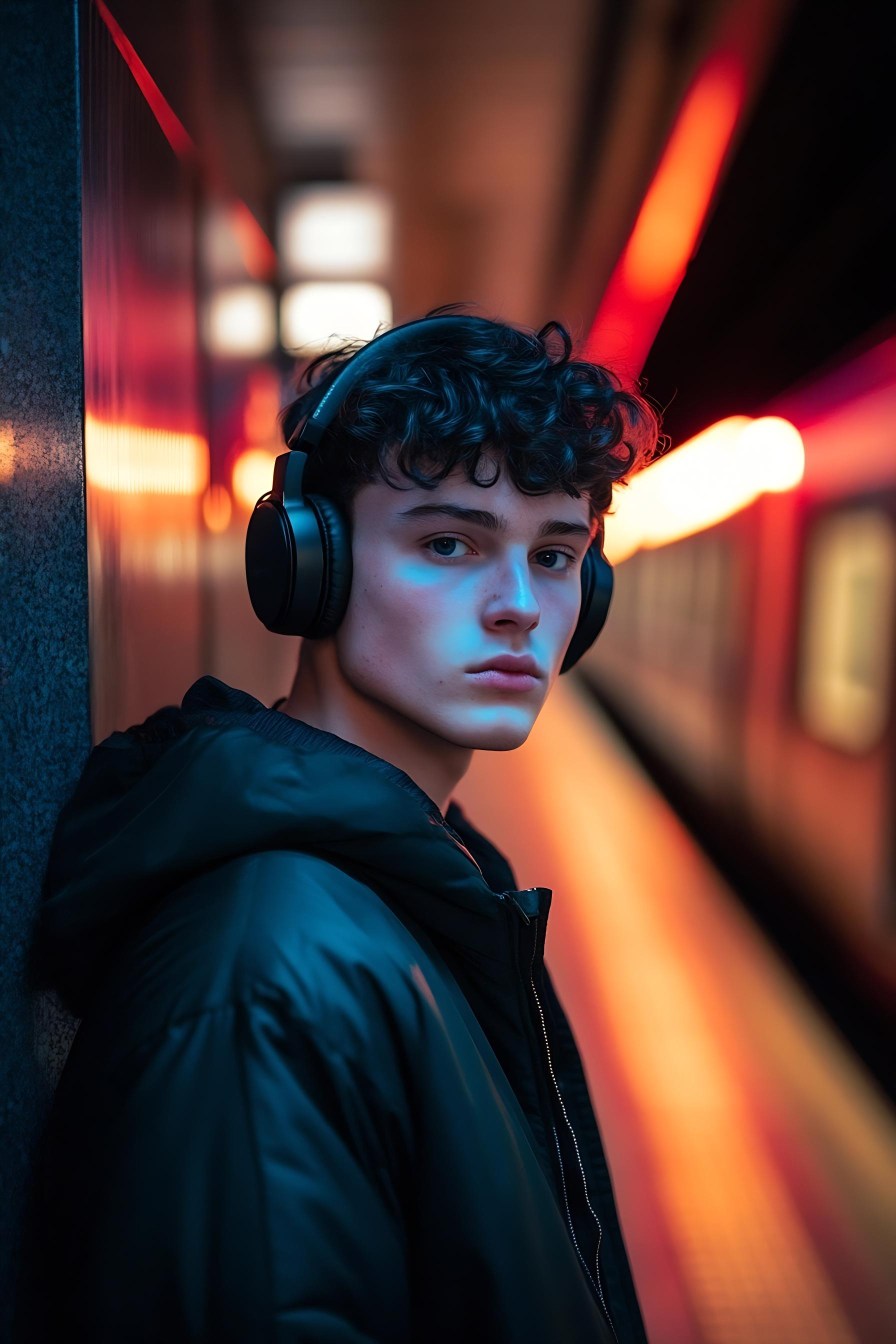 Młody mężczyzna w słuchawkach opiera się o ścianę, światła w tle.