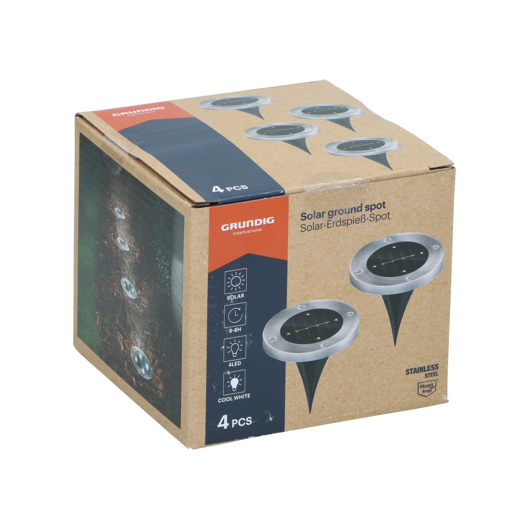 Box for 4 stainless steel solar ground spots with solar panels.
