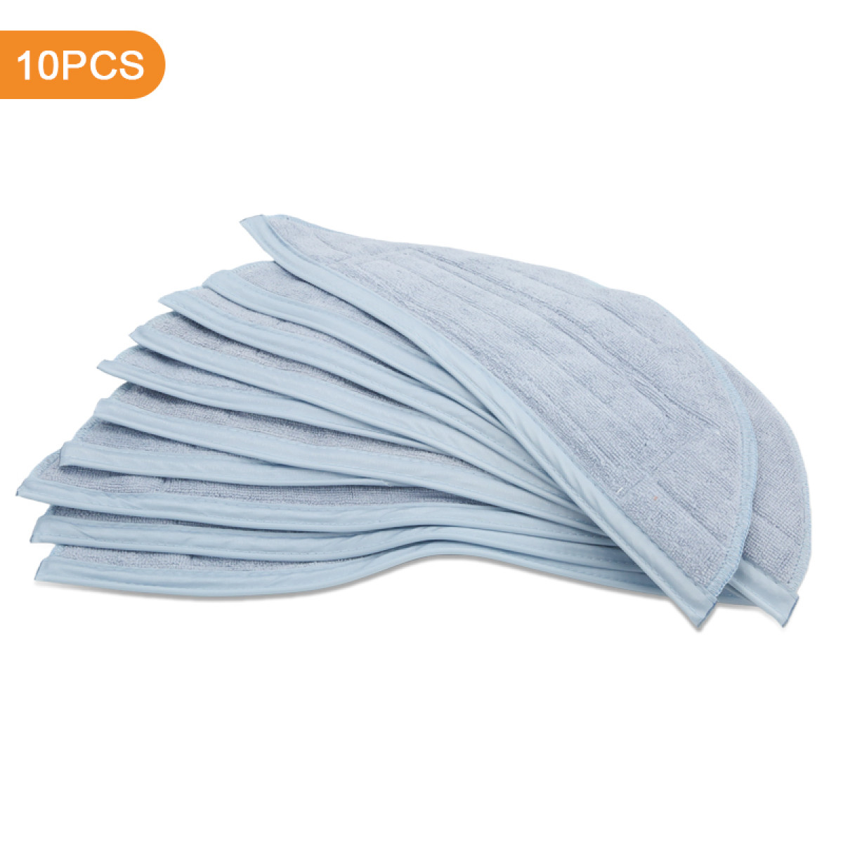 Stos jasnoniebieskich nakładek na mopa ze szwami i niebieską lamówką.