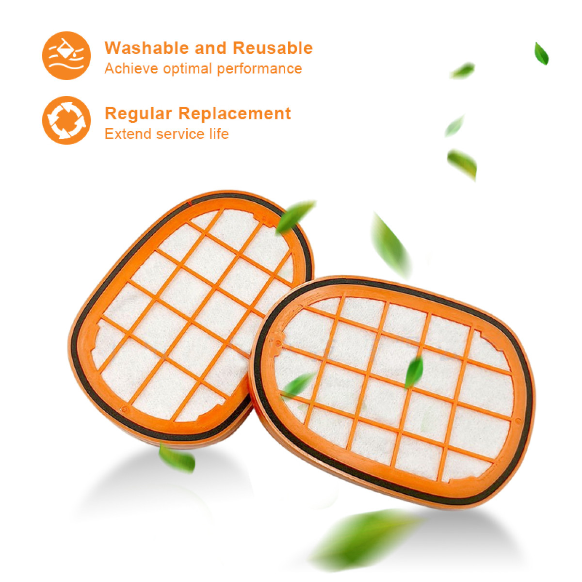 Dwa pomarańczowe filtry z białymi wkładkami i siatkowym wzorem.