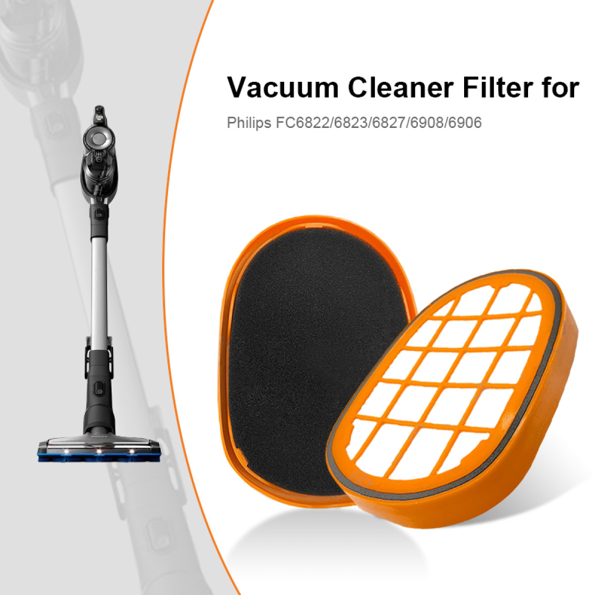 Filtr odkurzacza z pomarańczową ramką i czarną pianką.