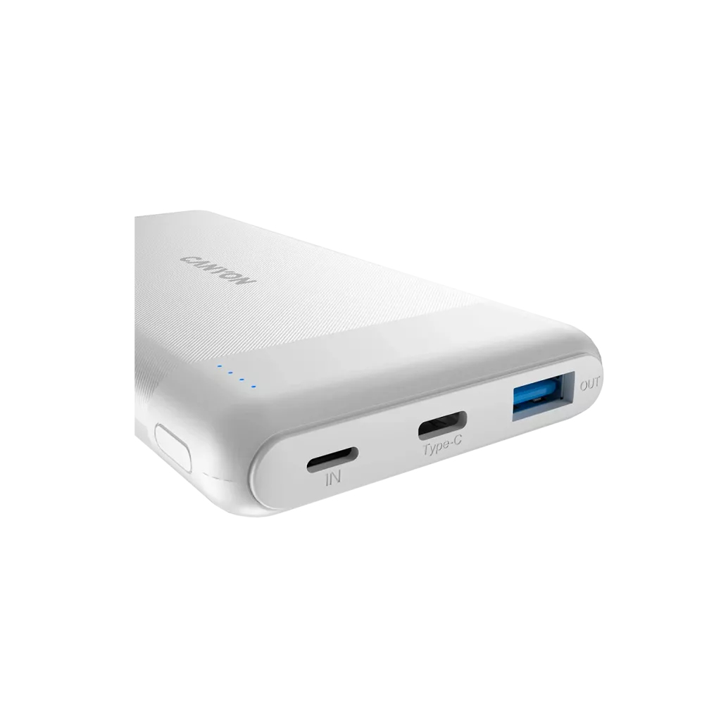 Biały power bank z logo CANYON, portami USB-C i USB-A.