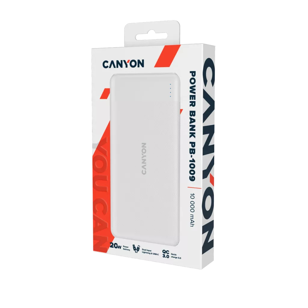 Biały power bank Canyon PB-1009, 10.000 mAh, z mocą 20W.