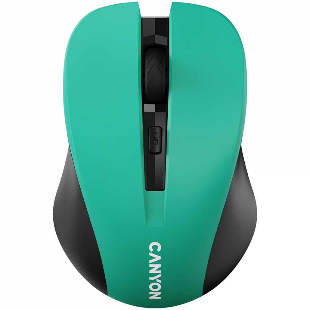 Turkusowa mysz komputerowa z czarnym kółkiem i przyciskiem DPI.