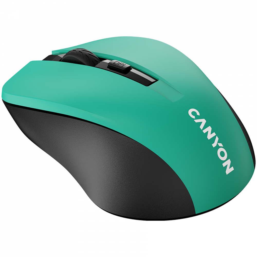Zielona mysz z czarnym kółkiem i logo Canyon.