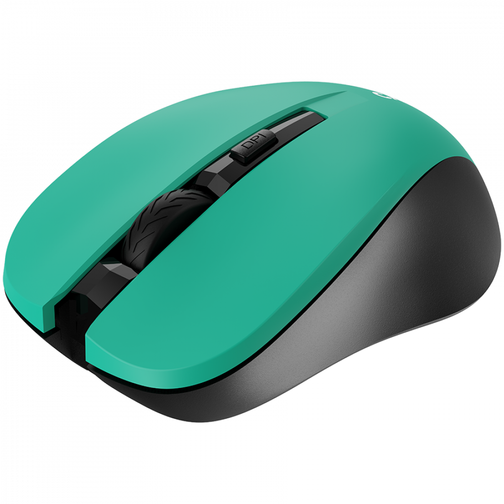 Turkusowa mysz komputerowa z czarnym kółkiem przewijania i przyciskiem DPI.