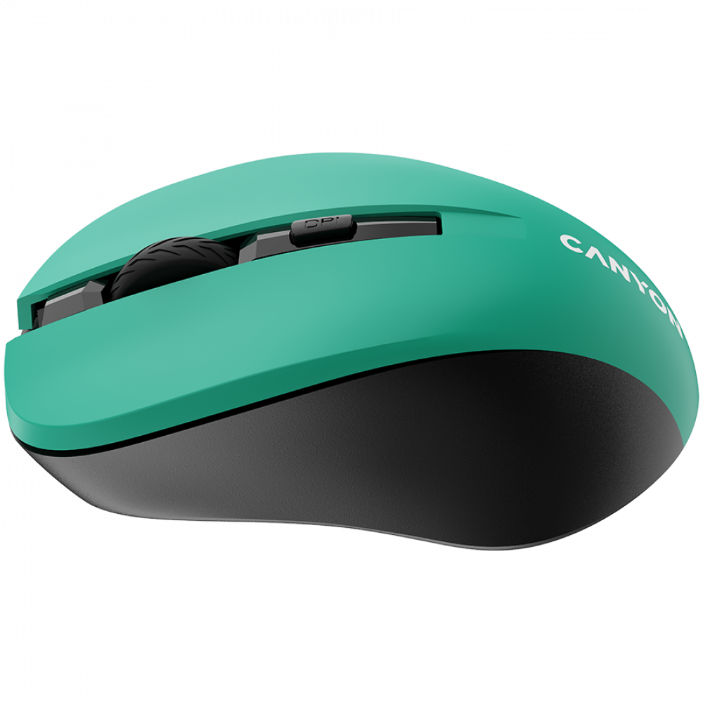 Turkusowa mysz komputerowa z czarnym kółkiem i przyciskiem DPI.