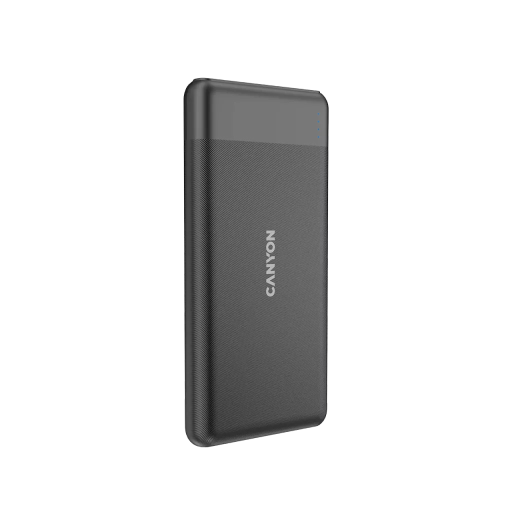 Ciemny, prostokątny power bank z logo Canyon, na białym tle.