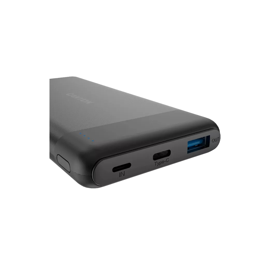 Czarny power bank Canyon z portami USB-C i USB-A.