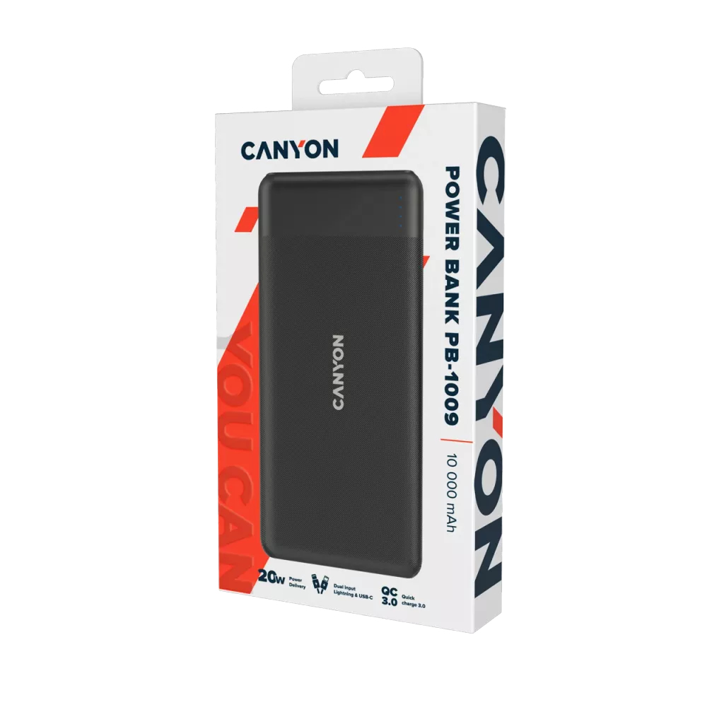 Czarny Power Bank Canyon PB-1009 10000mAh z szybkim ładowaniem 20W na białym pudełku.