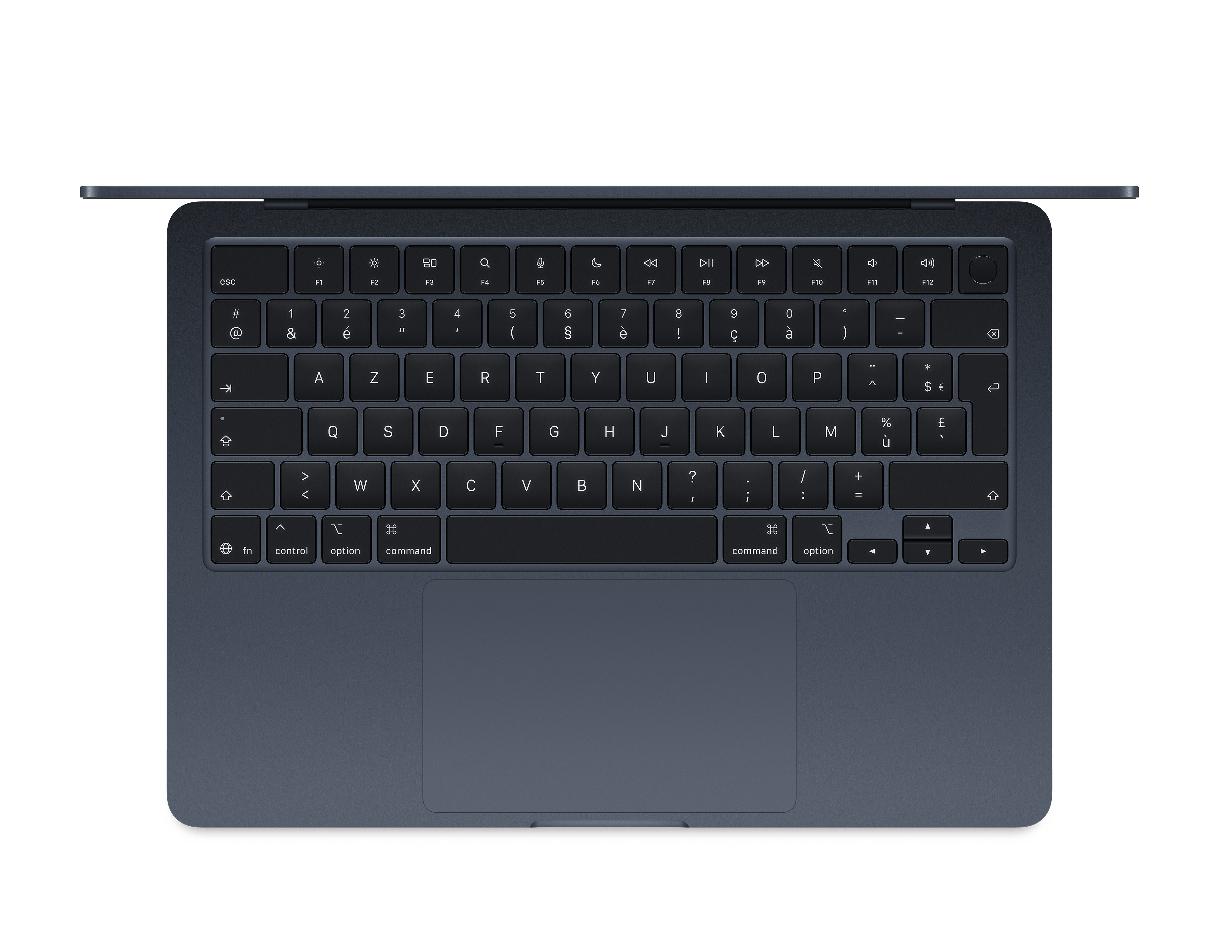 Portátil azul oscuro con teclado y trackpad, visto desde arriba.