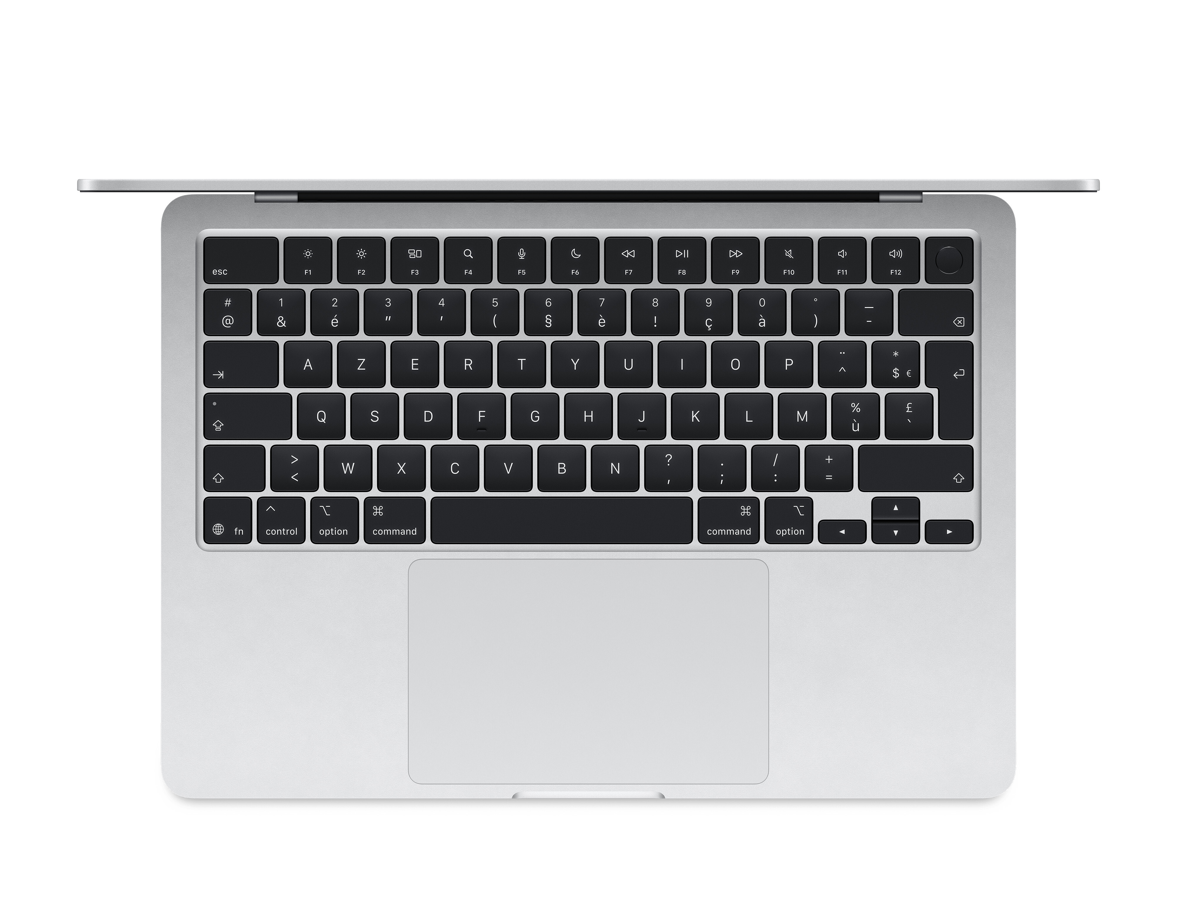 Srebrny laptop, otwarty, pokazujący klawiaturę i touchpad.