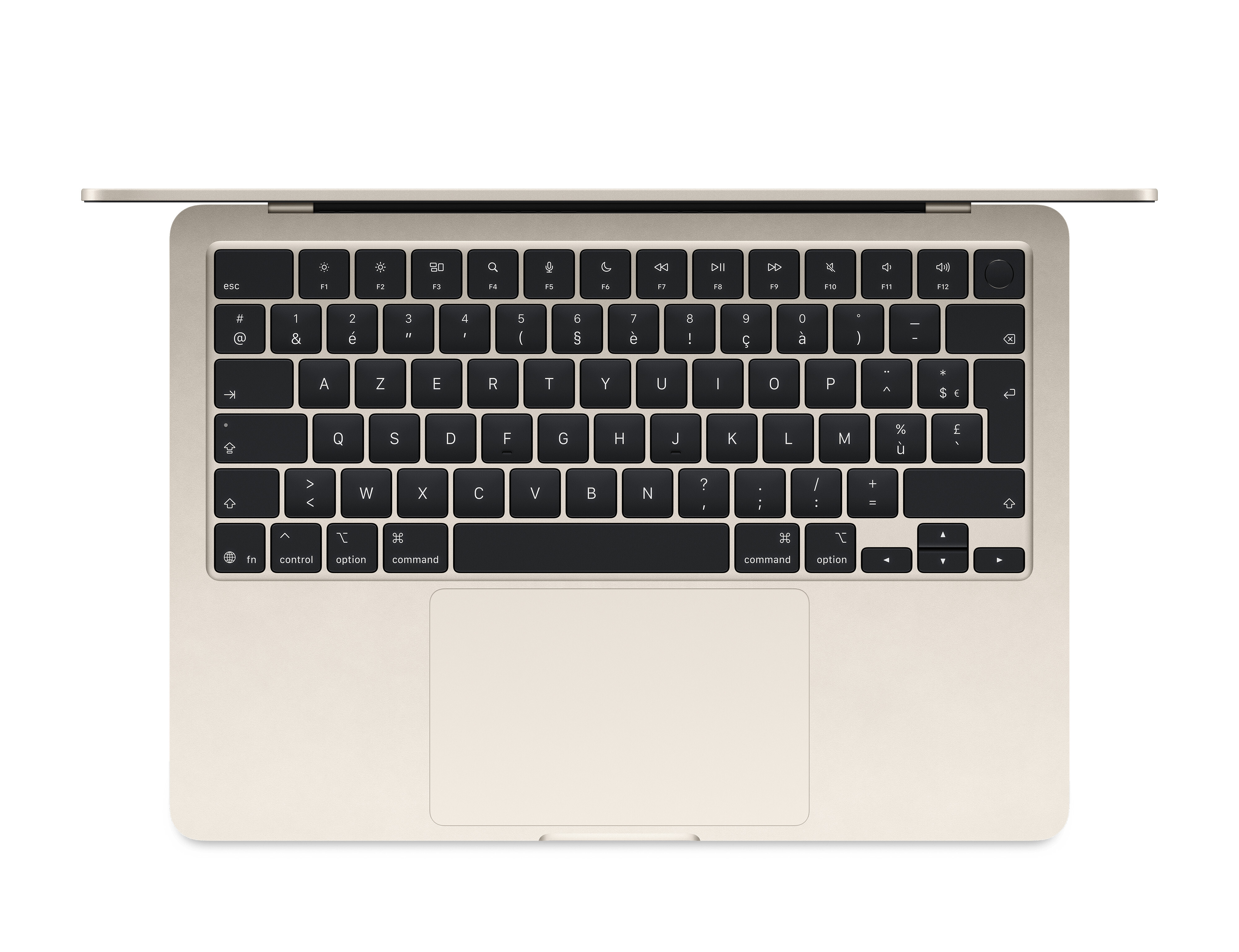 Un portátil dorado claro, visto desde arriba, con teclado y touchpad expuestos.