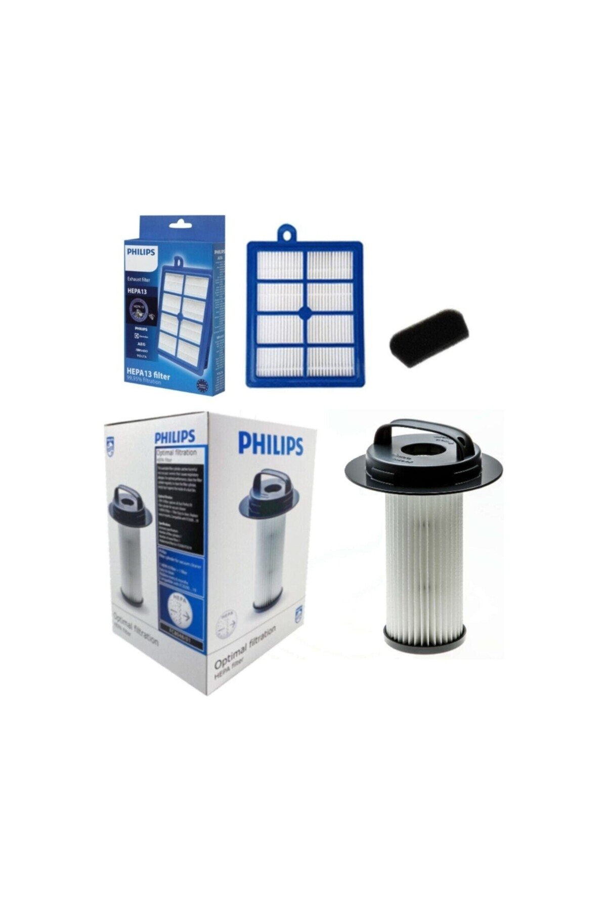 Philips HEPA13 egzoz filtresi, başka bir HEPA filtresi ve ambalaj.