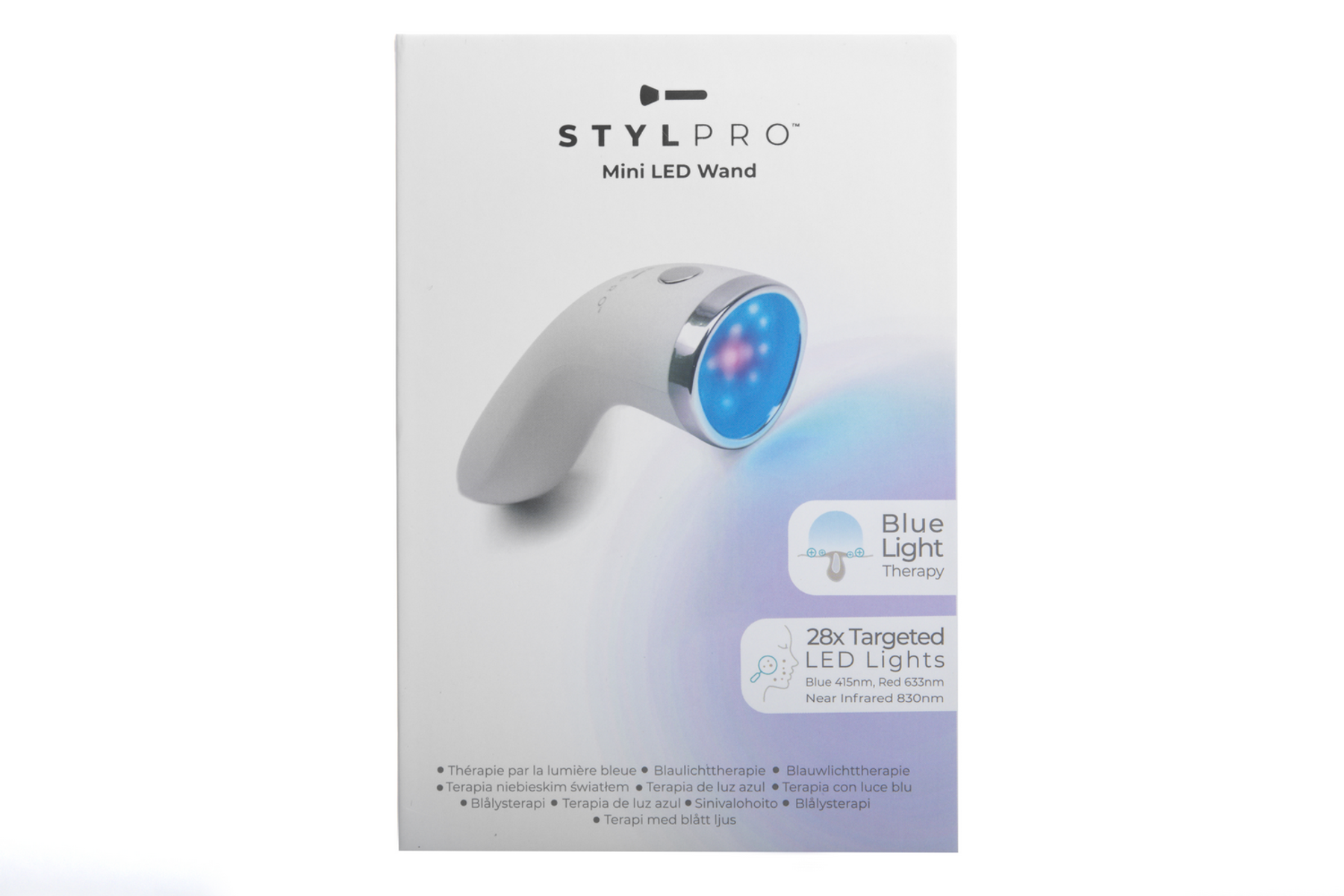 Un mini bastone LED bianco con luci blu sulla testa.
