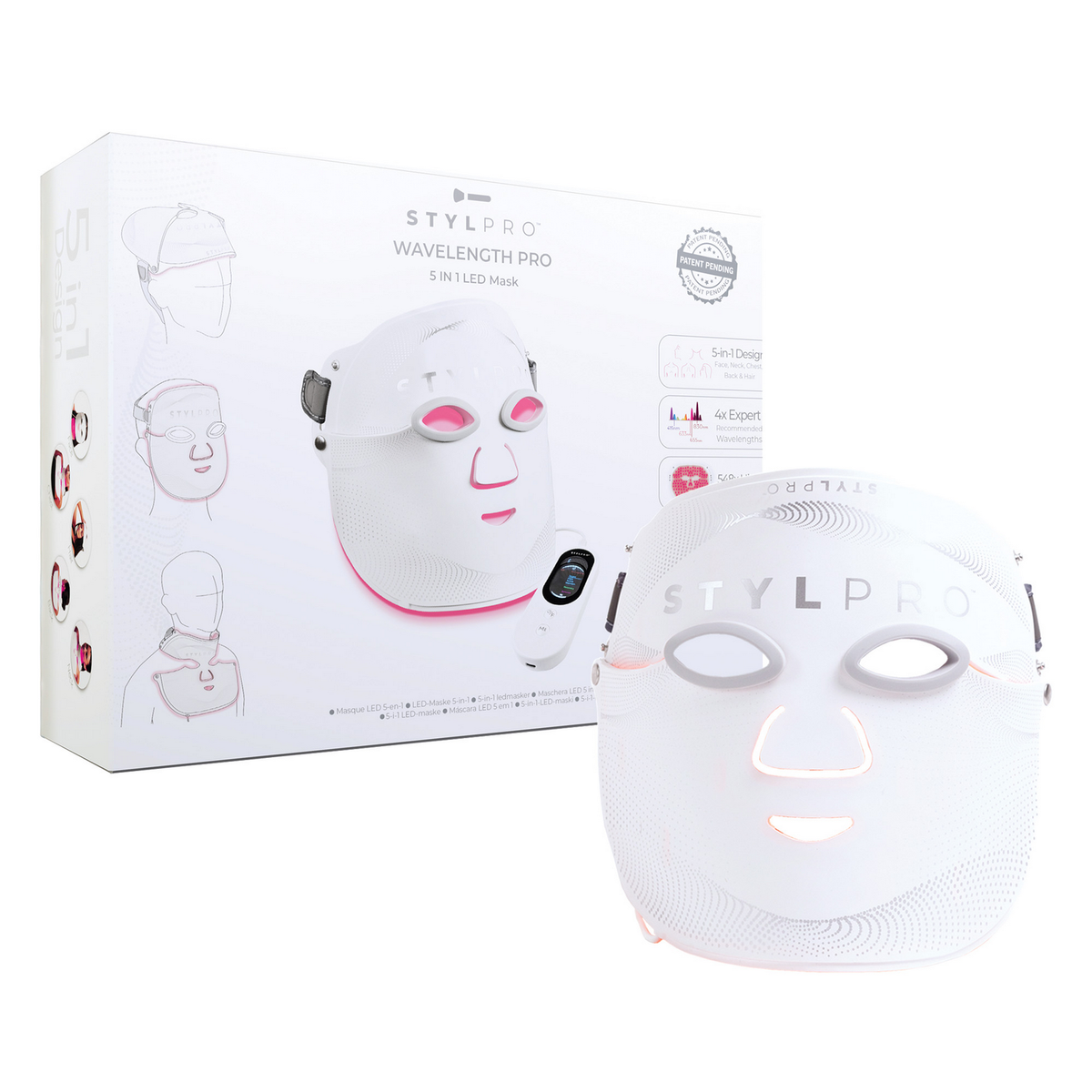 Set di maschera facciale LED bianca con telecomando e confezione, illuminata.