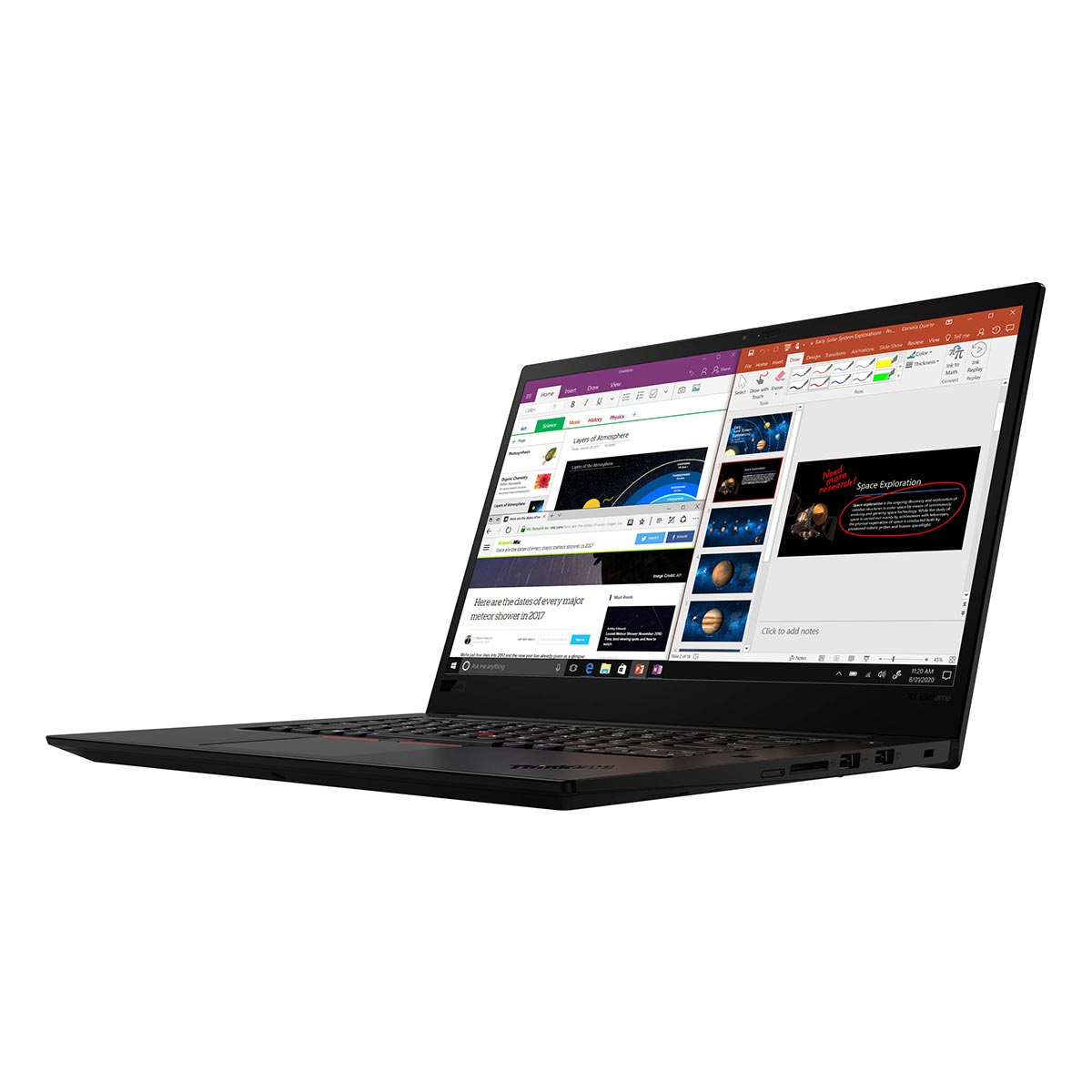 Czarny laptop wyświetla ekran z prezentacjami o eksploracji kosmosu.