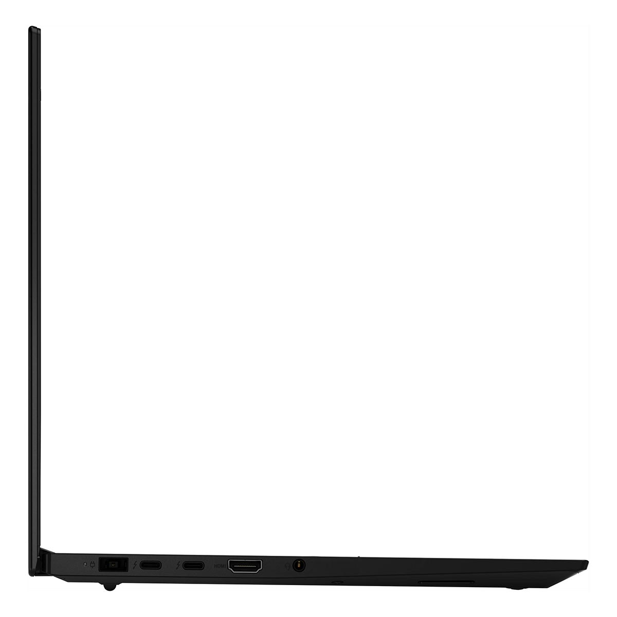 Czarny profil laptopa z portami: USB-C, HDMI, gniazdo audio.