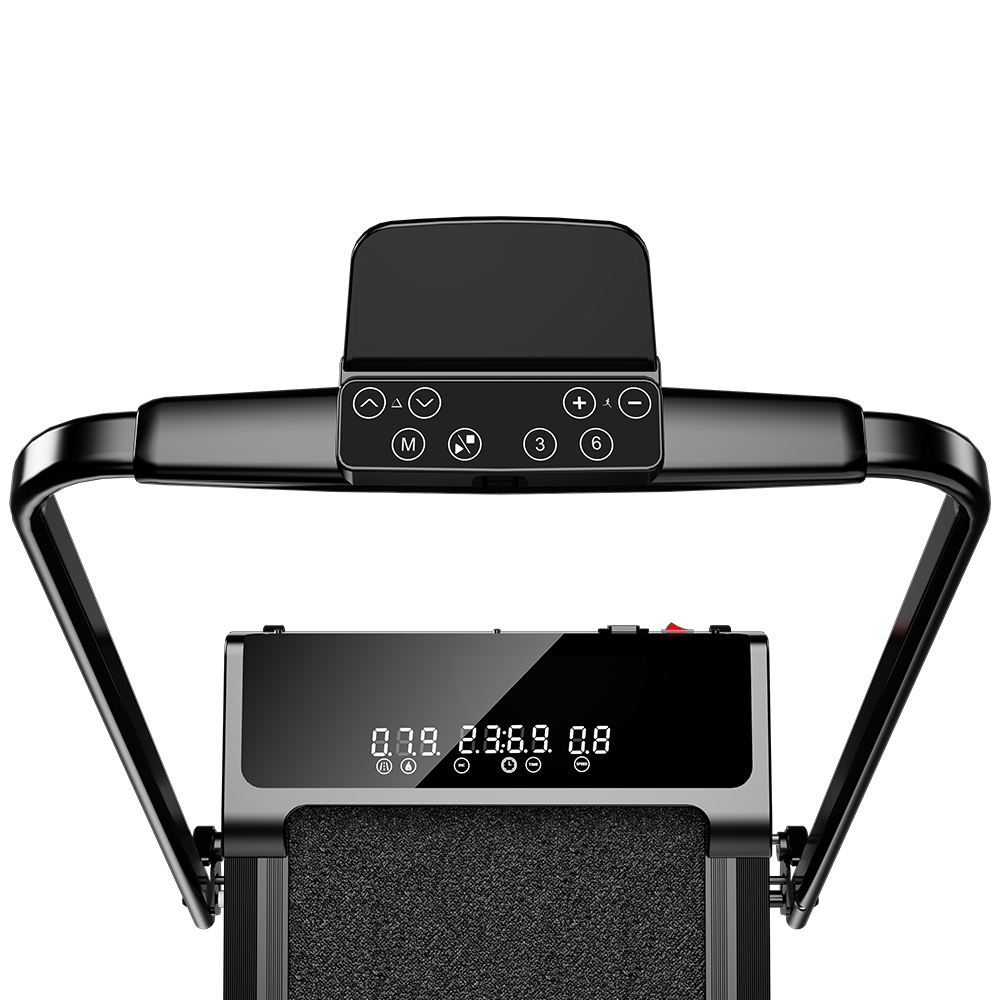 Czarna bieżnia z cyfrowym wyświetlaczem i przyciskami sterowania.
