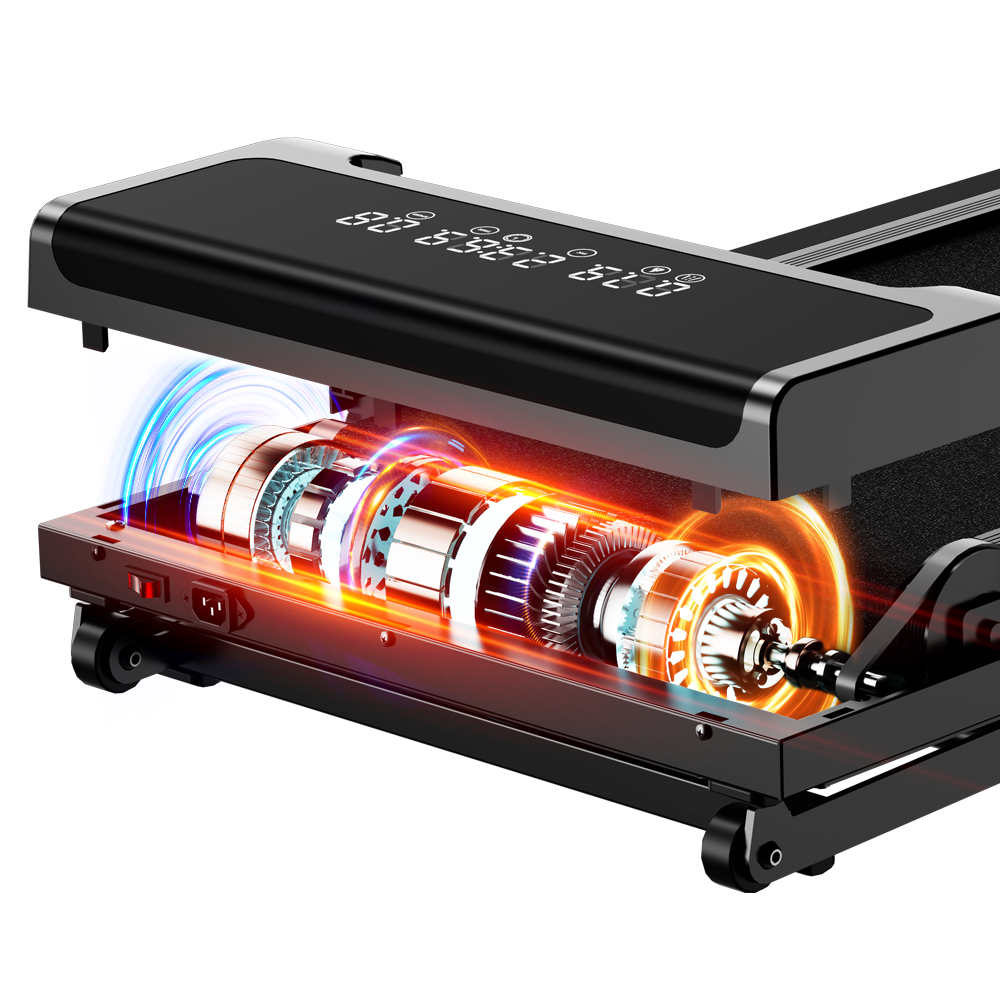 Widok z przekroju silnika bieżni z podświetlanymi cewkami i wentylatorami.