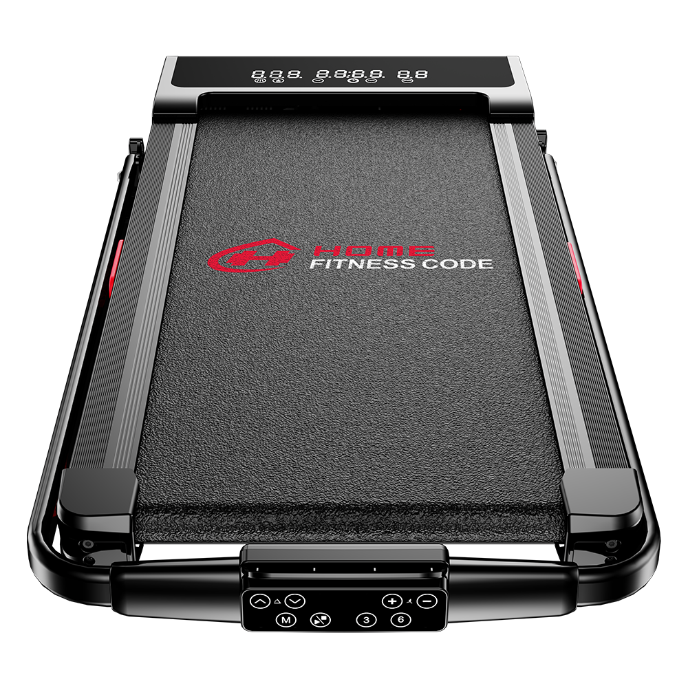 Czarna bieżnia z czerwonym logo i cyfrowym wyświetlaczem.