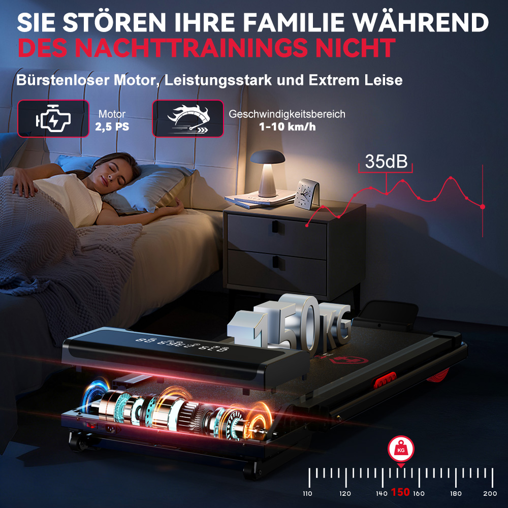 Kobieta śpi w łóżku, pokazana jest bieżnia z widokiem silnika.