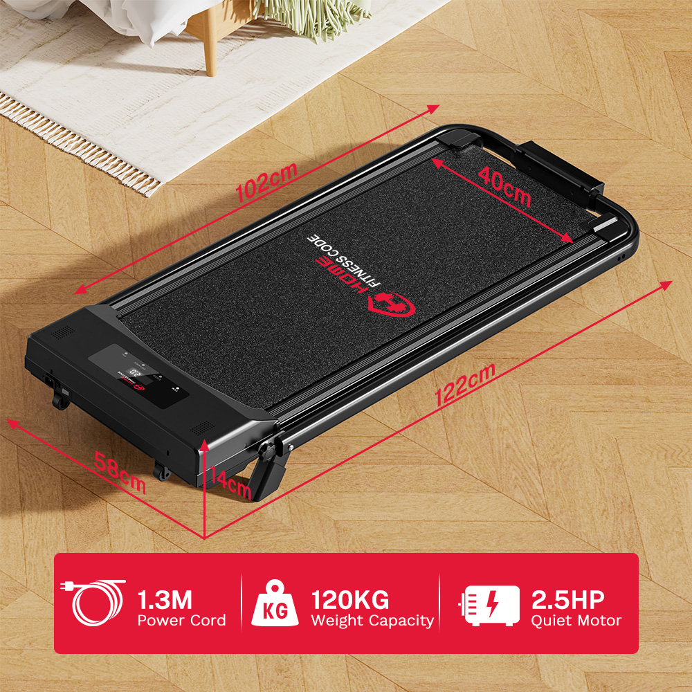 Czarna bieżnia z wymiarami i specyfikacjami na drewnianej podłodze.