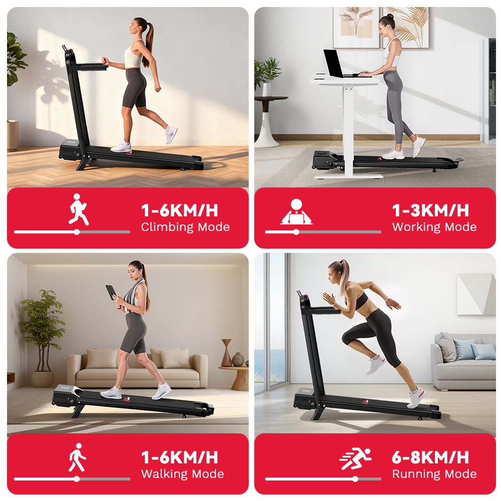 Cztery tryby: kobieta biegnie, pracuje przy laptopie, idzie i biega na bieżniach.